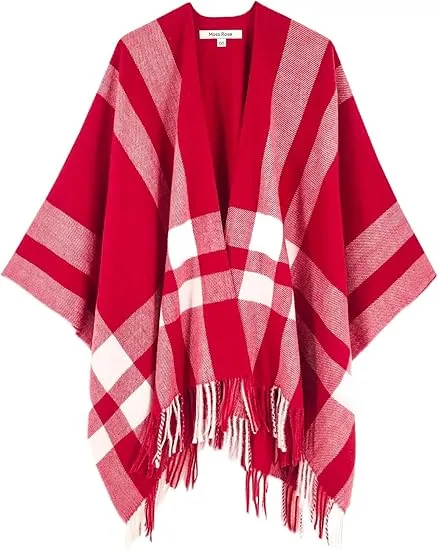 Maroon Triange Winter Chic Plaid Poncho Cardigan