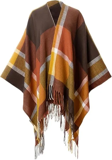 Maroon Triange Winter Chic Plaid Poncho Cardigan