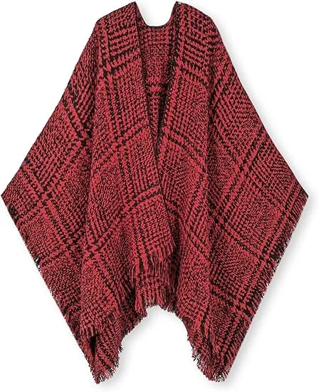 Maroon Triange Winter Chic Plaid Poncho Cardigan