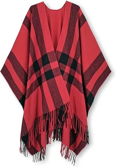 Maroon Triange Winter Chic Plaid Poncho Cardigan
