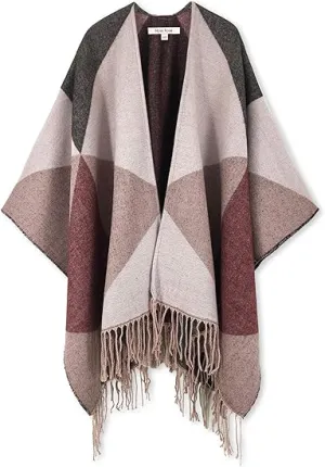 Maroon Triange Winter Chic Plaid Poncho Cardigan