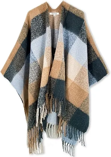 Maroon Triange Winter Chic Plaid Poncho Cardigan