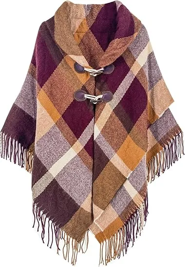 Maroon Triange Winter Chic Plaid Poncho Cardigan