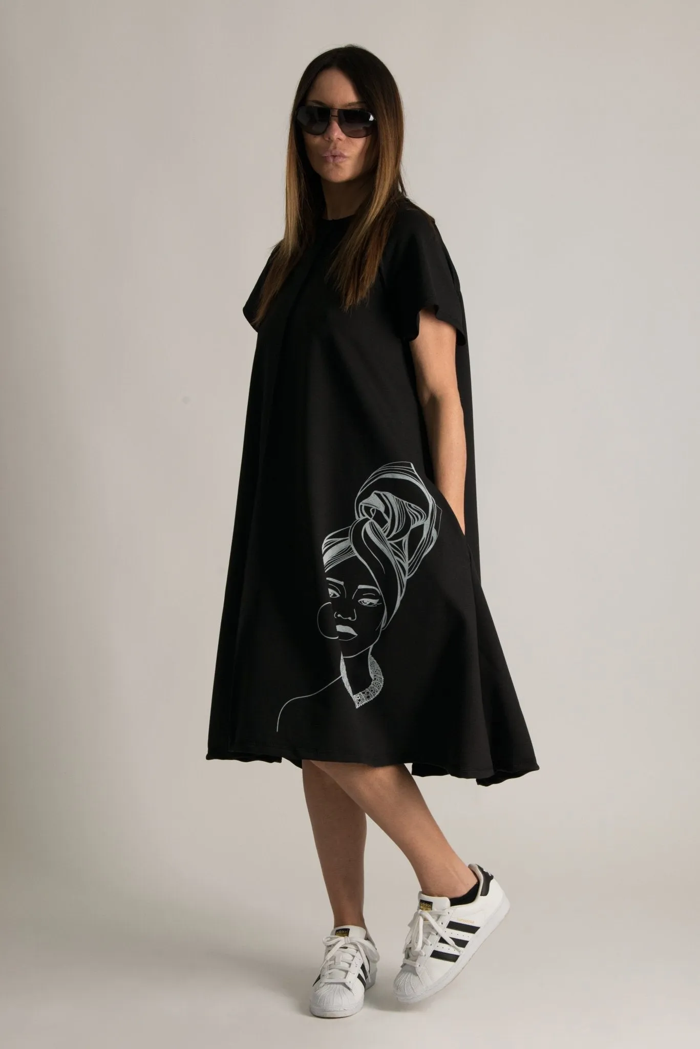 MELISA Midi Black African Woman Print Dress