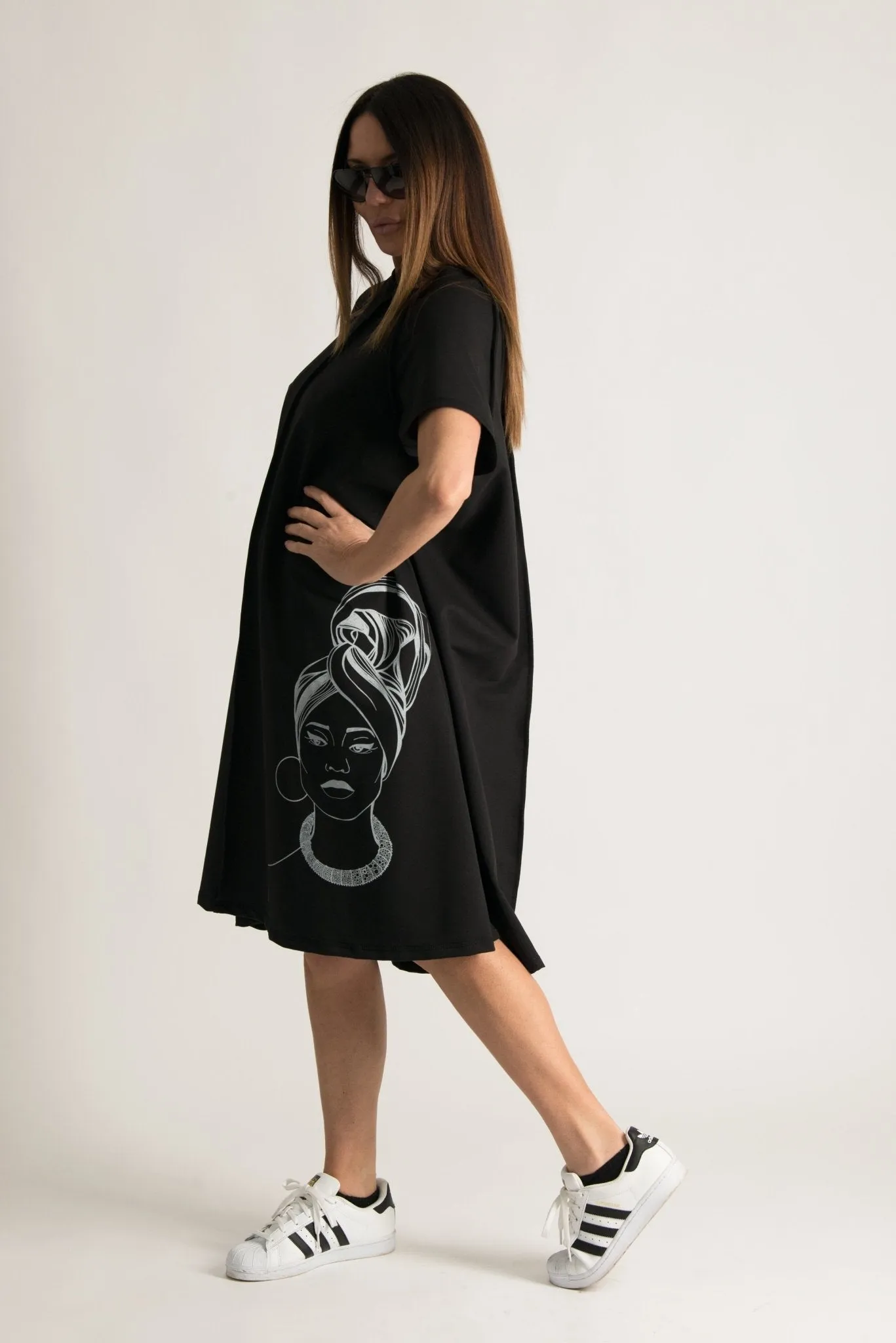 MELISA Midi Black African Woman Print Dress