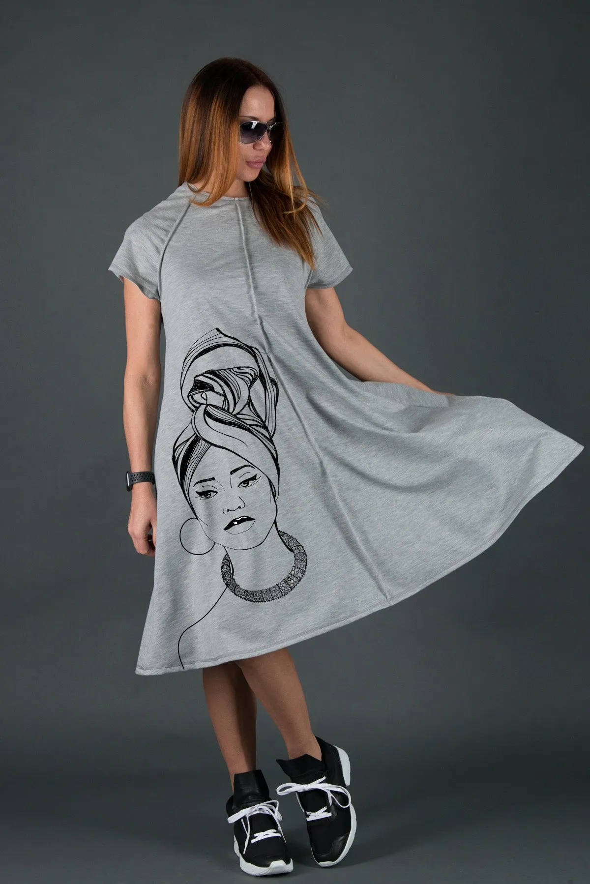 MELISA Midi Black African Woman Print Dress