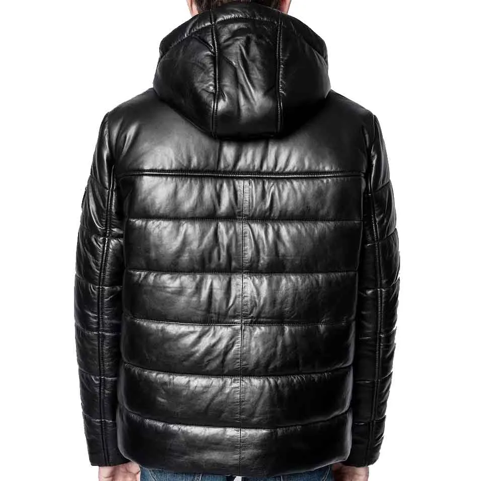 Men's Black Leather Bubble Jacket