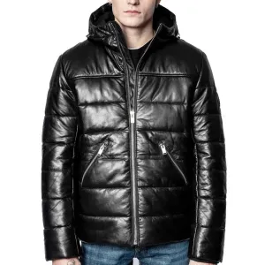 Men's Black Leather Bubble Jacket