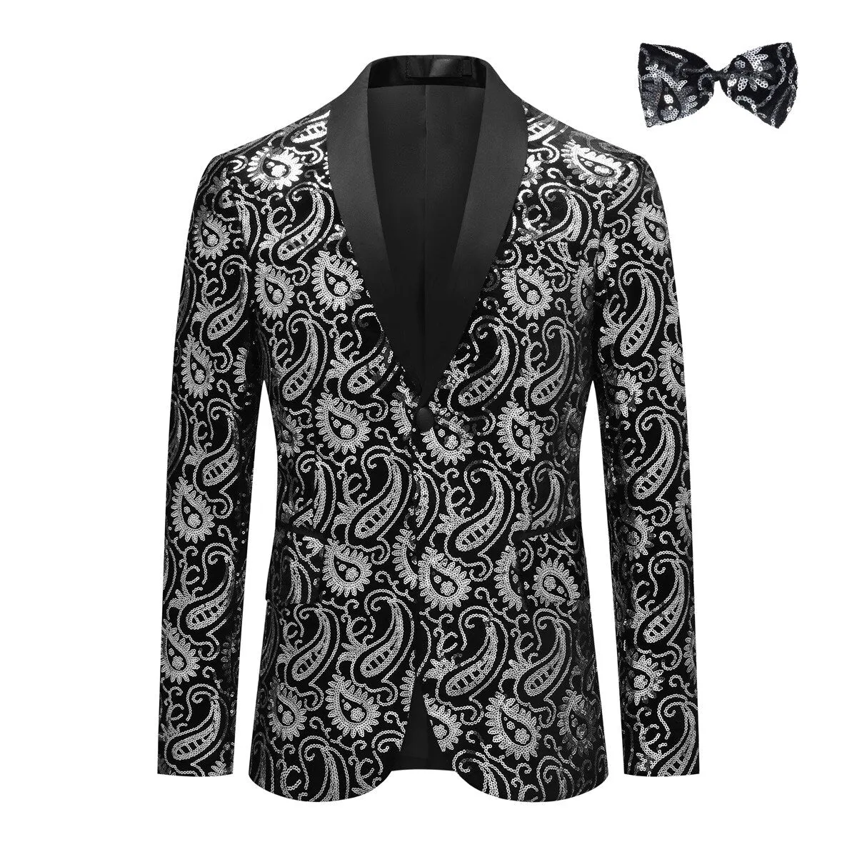 Men's Floral Sequined Single-Breasted Blazer Silver