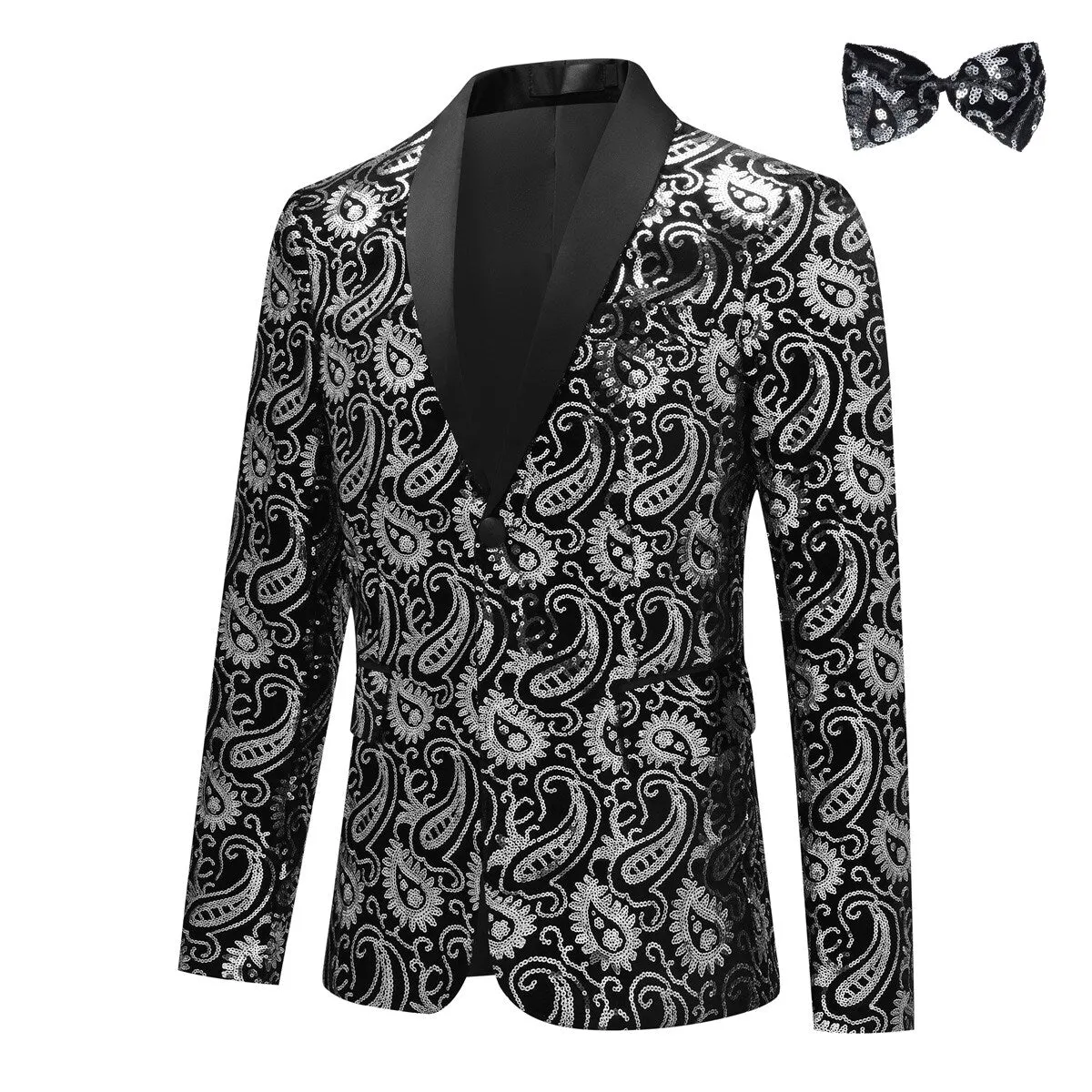 Men's Floral Sequined Single-Breasted Blazer Silver