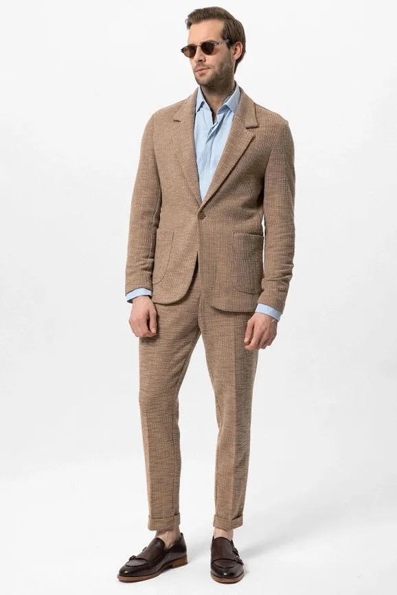 Men's Light Brown Textured Plain Blazer - Wessi