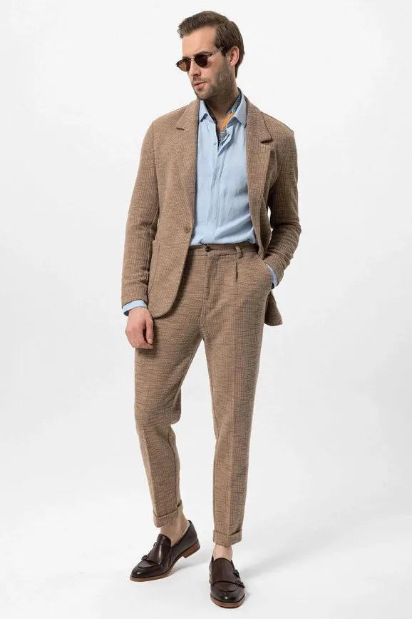 Men's Light Brown Textured Plain Blazer - Wessi