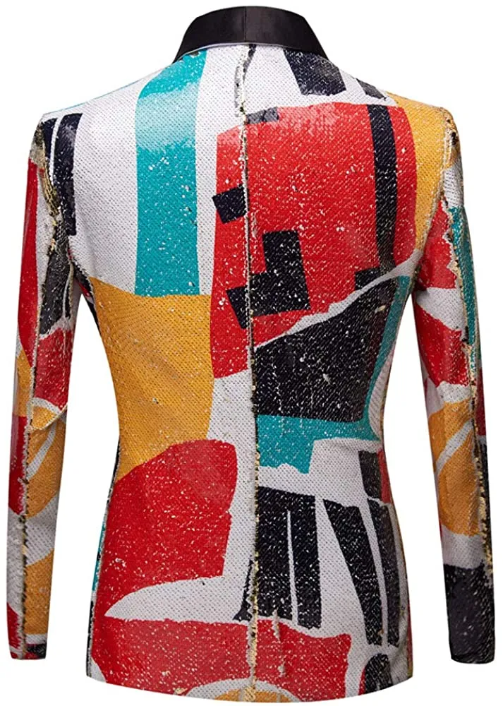 Men's White Fashion Pattern Geometric Lapel Sequins Blazer