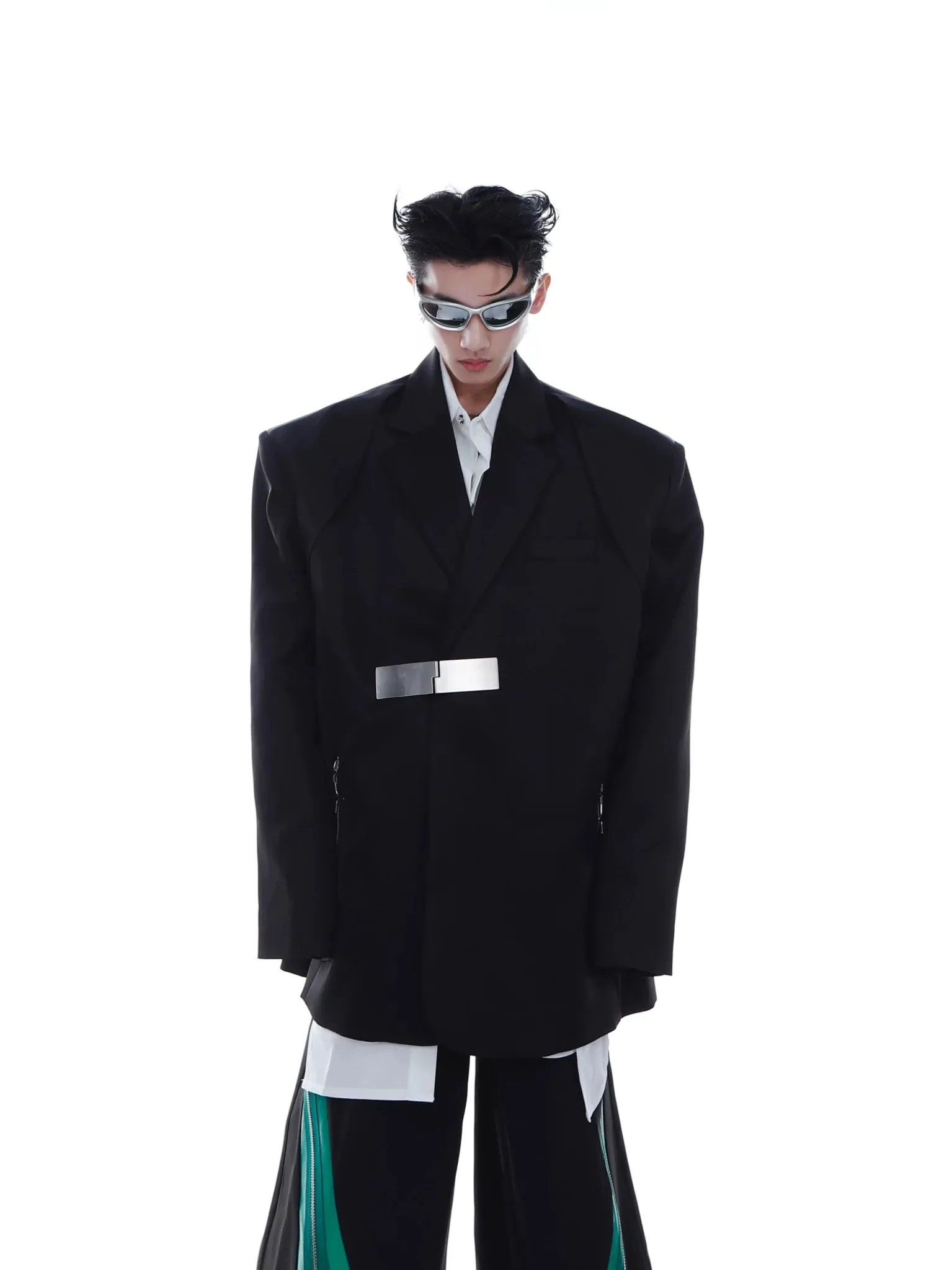 Metallic Clasp Blazer with Zipper Detail | Trendy Ice Silk Fabric Jacket
