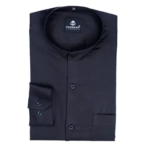 Navy Blue Color Band Collar Solid Shirt For Men