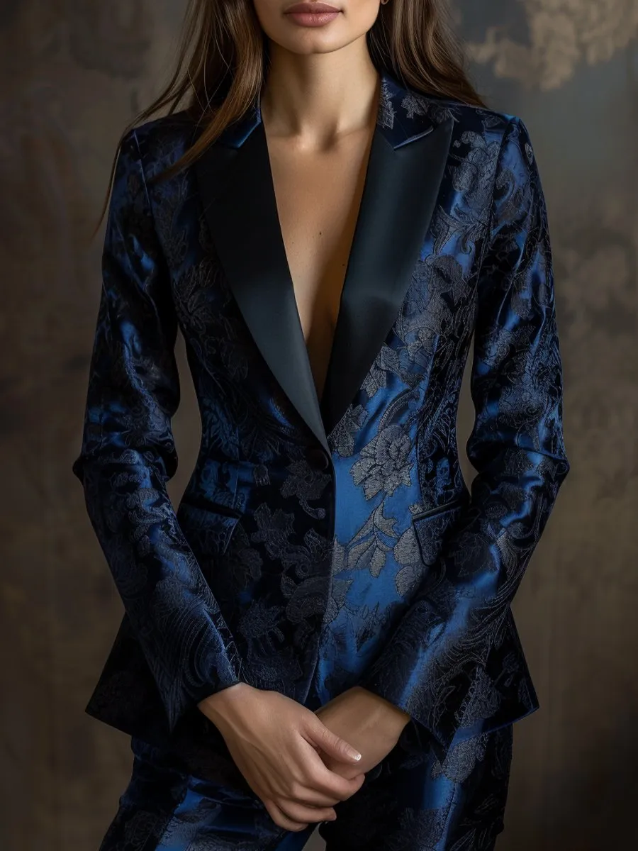 Navy Satin Jacquard Blazer