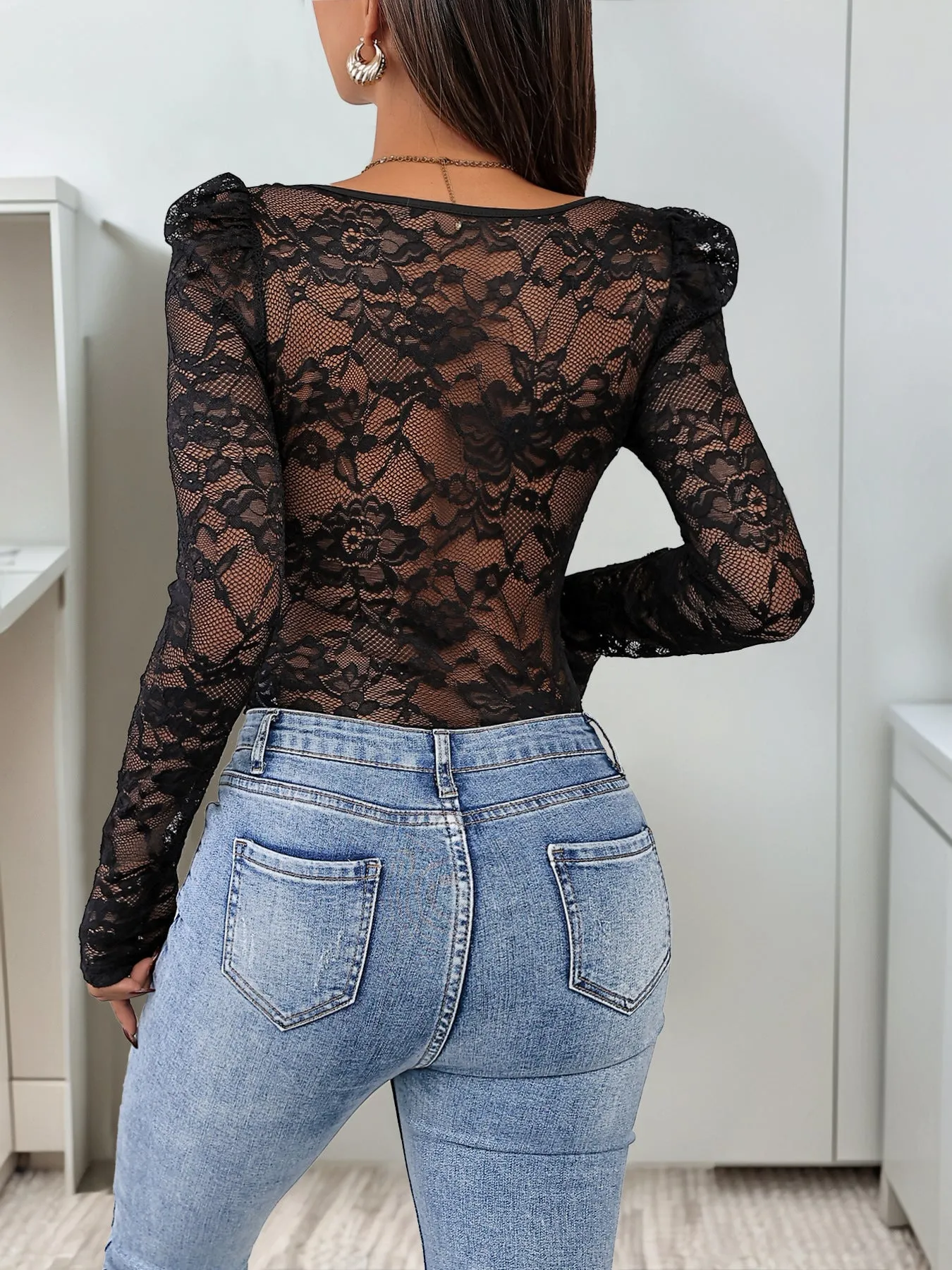 New Lace Stitching Square Collar Black Jumpsuit