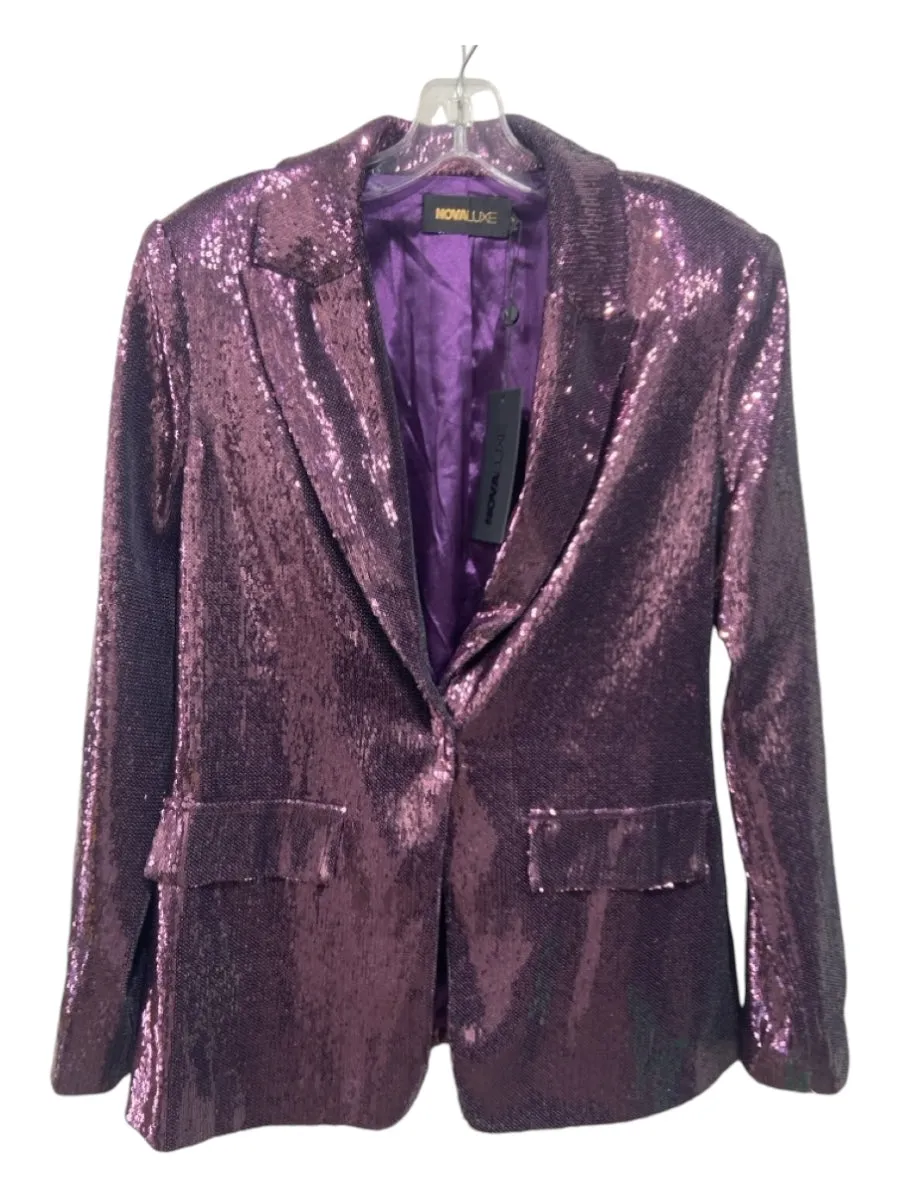 Nova Luxe Size Medium Mauve Purple Polyester Sequined Snap Closure Blazer Jacket
