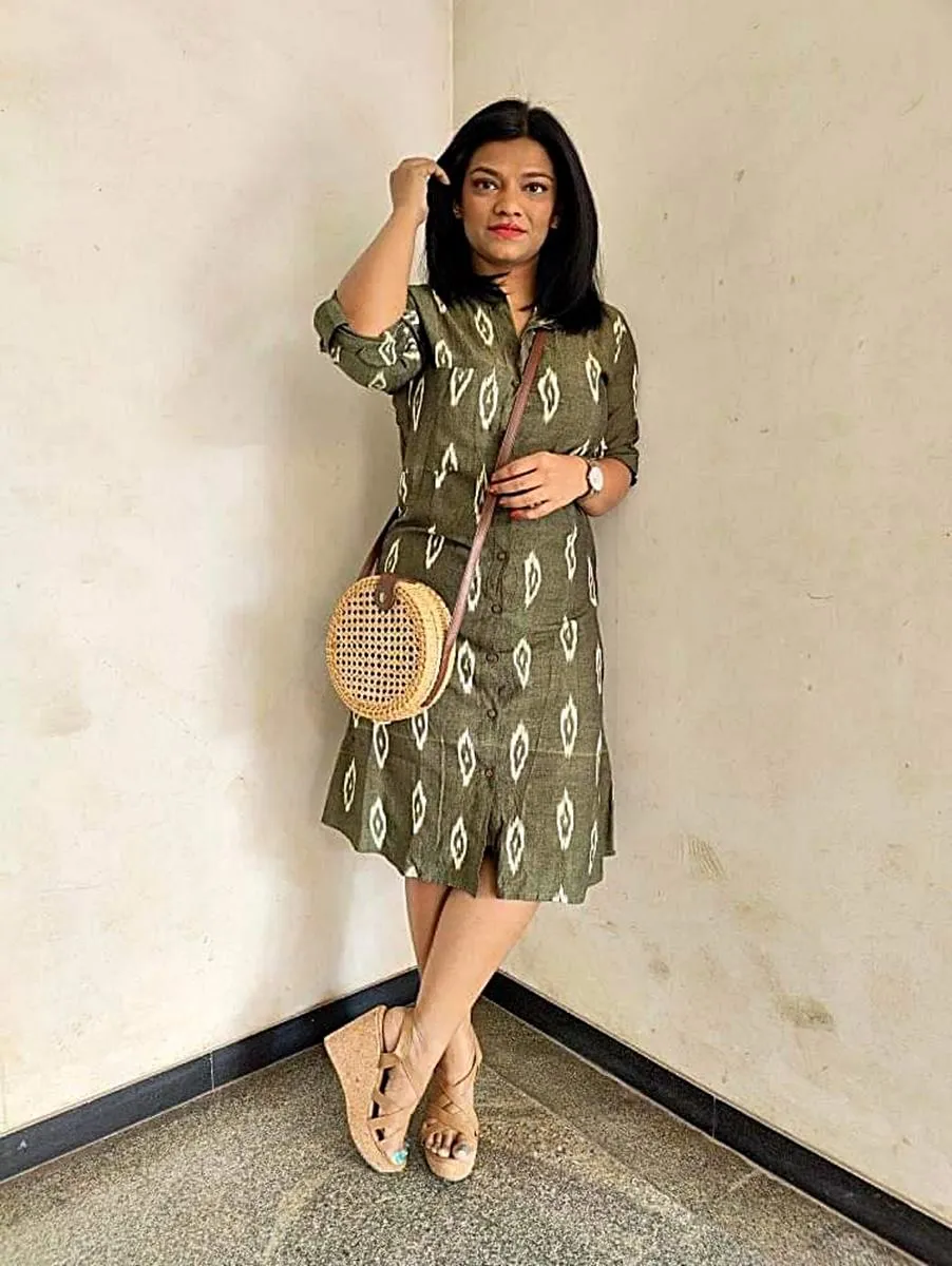 Olive Green Handwoven Ikat Cotton Longline Overlay Jacket