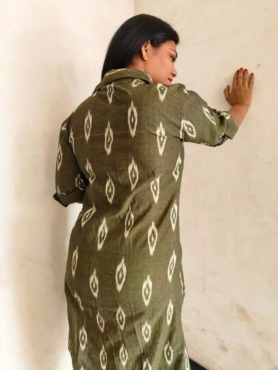 Olive Green Handwoven Ikat Cotton Longline Overlay Jacket