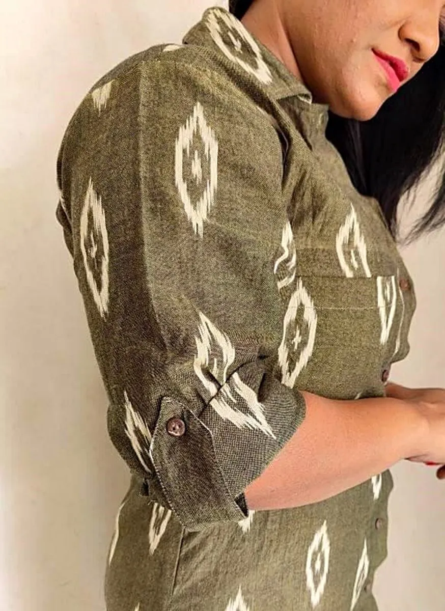 Olive Green Handwoven Ikat Cotton Longline Overlay Jacket