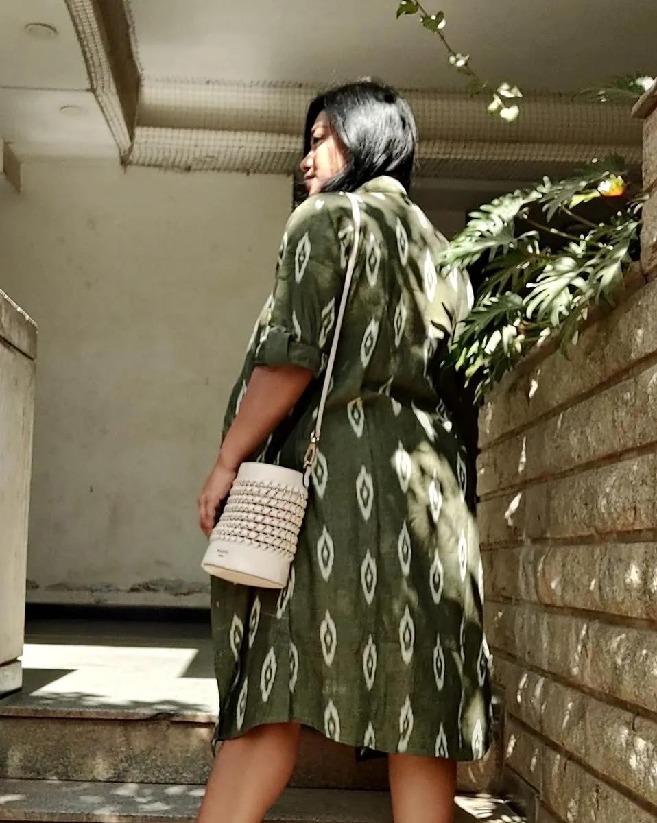 Olive Green Handwoven Ikat Cotton Longline Overlay Jacket