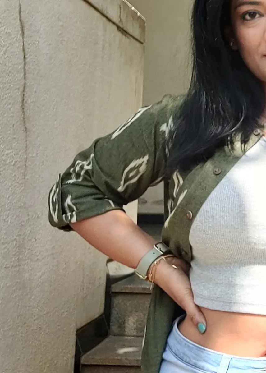 Olive Green Handwoven Ikat Cotton Longline Overlay Jacket