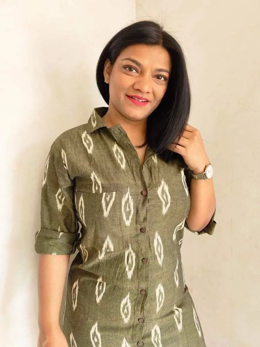 Olive Green Handwoven Ikat Cotton Longline Overlay Jacket