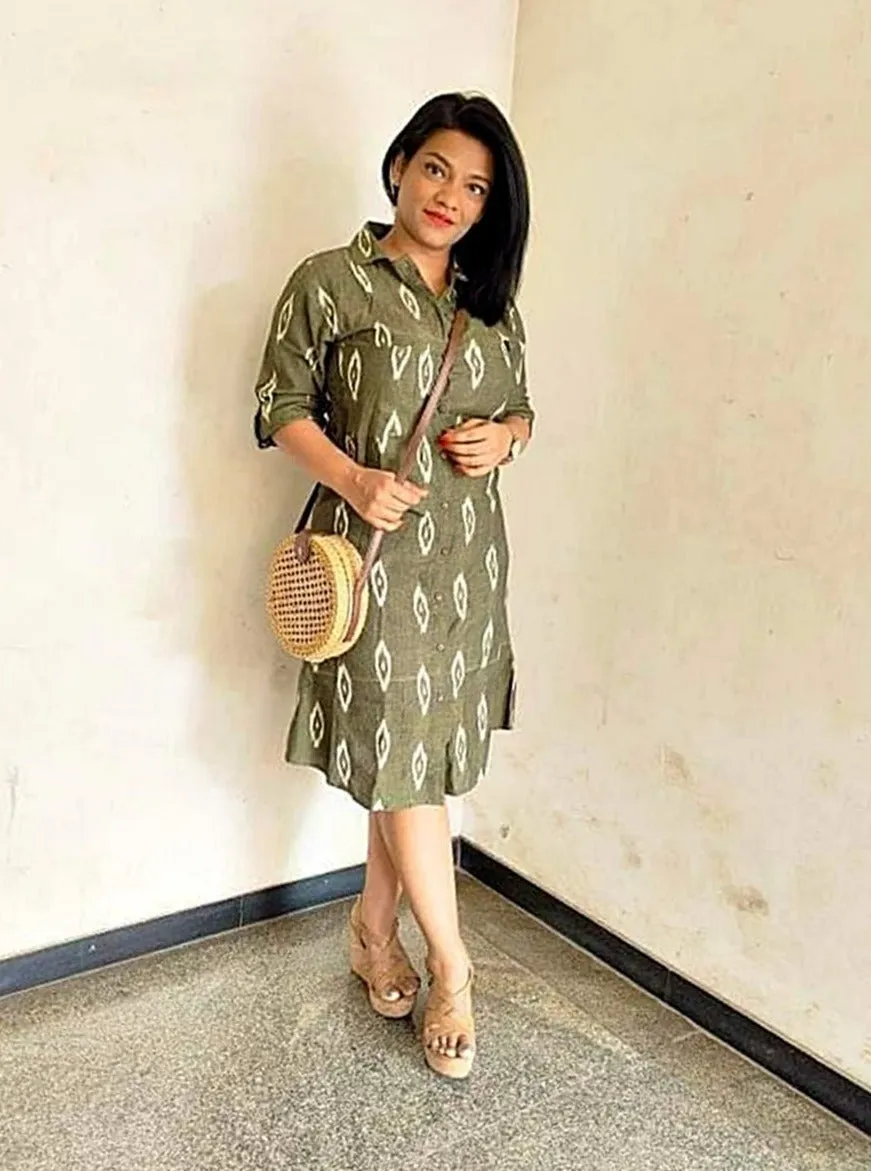 Olive Green Handwoven Ikat Cotton Longline Overlay Jacket