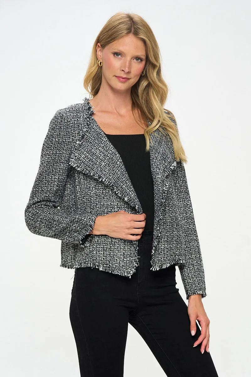 Open Front Blazer Cardigan With Frayed Hem