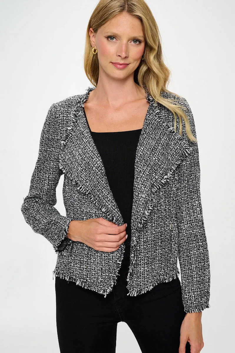 Open Front Blazer Cardigan With Frayed Hem