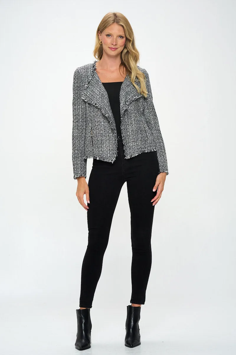 Open Front Blazer Cardigan With Frayed Hem