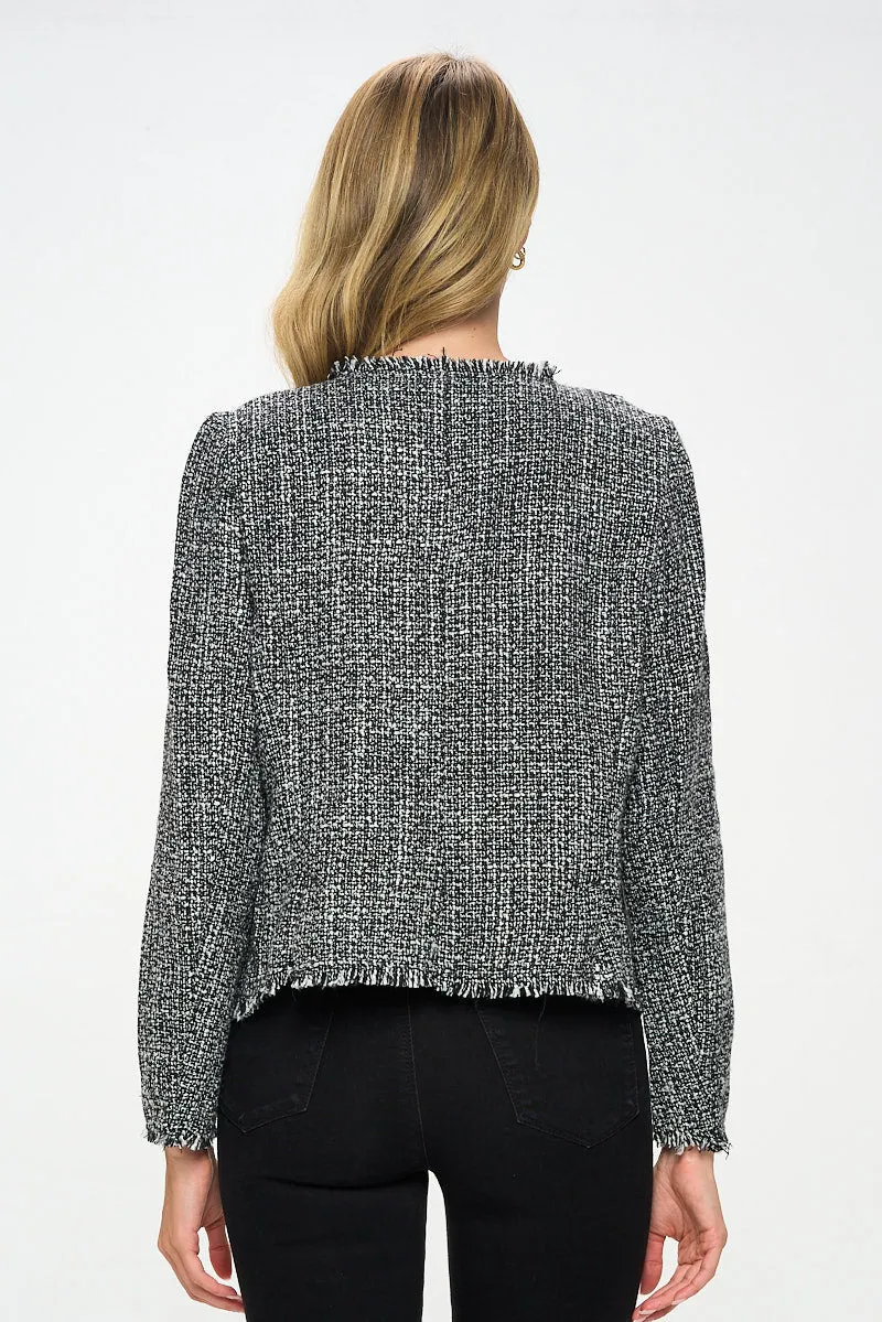Open Front Blazer Cardigan With Frayed Hem