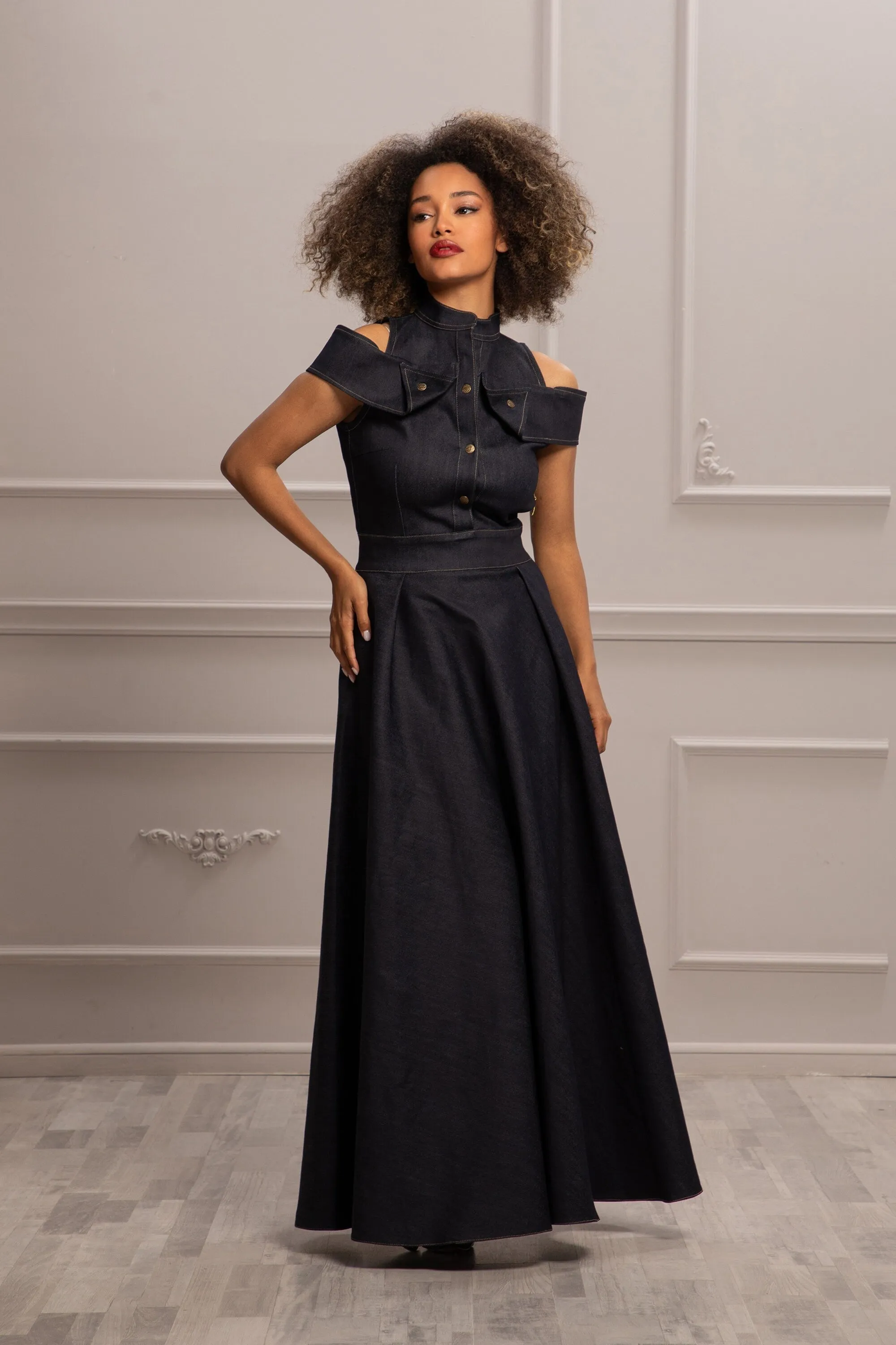 OPEN SHOULDERS DENIM DRESS