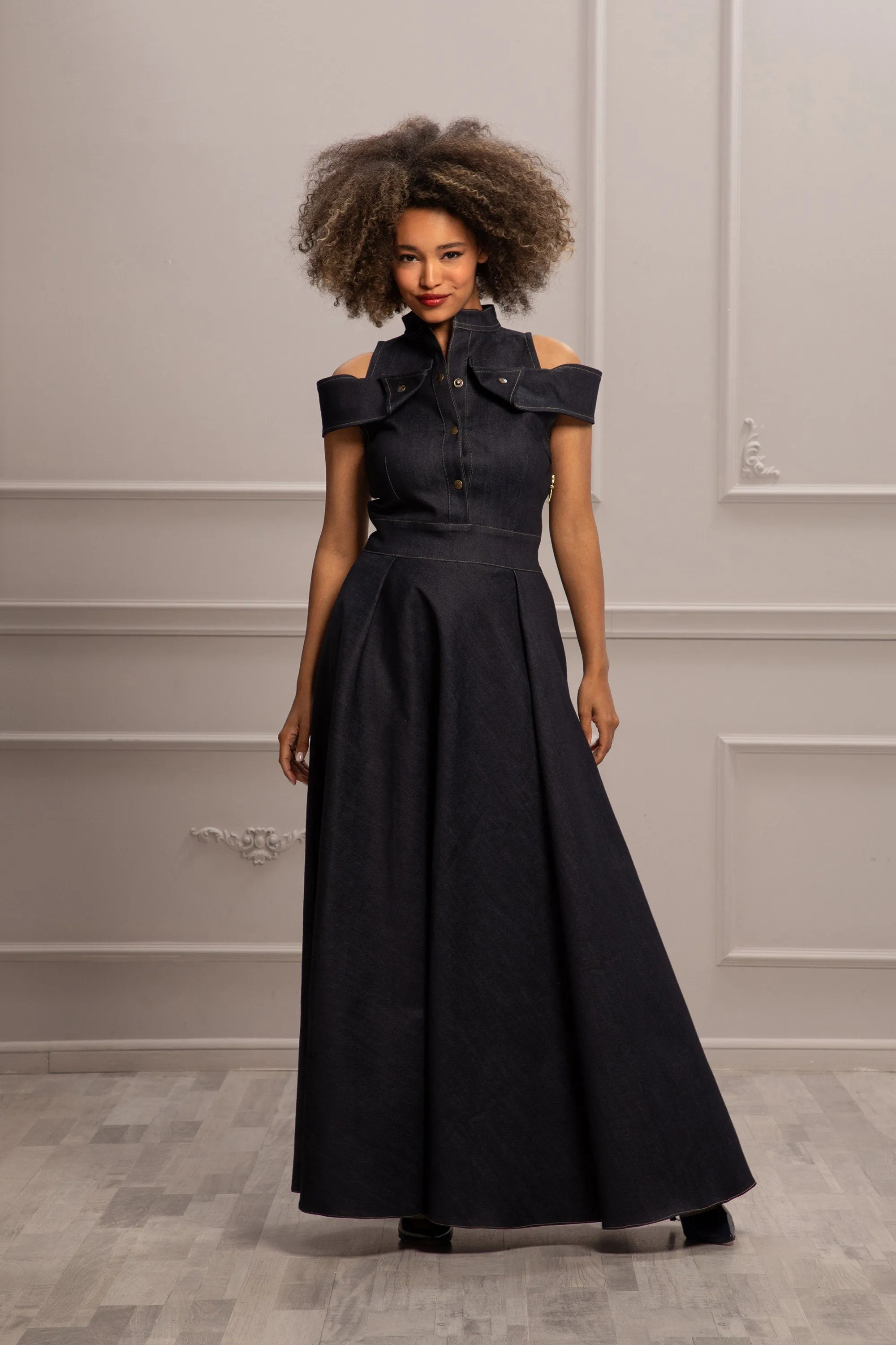 OPEN SHOULDERS DENIM DRESS