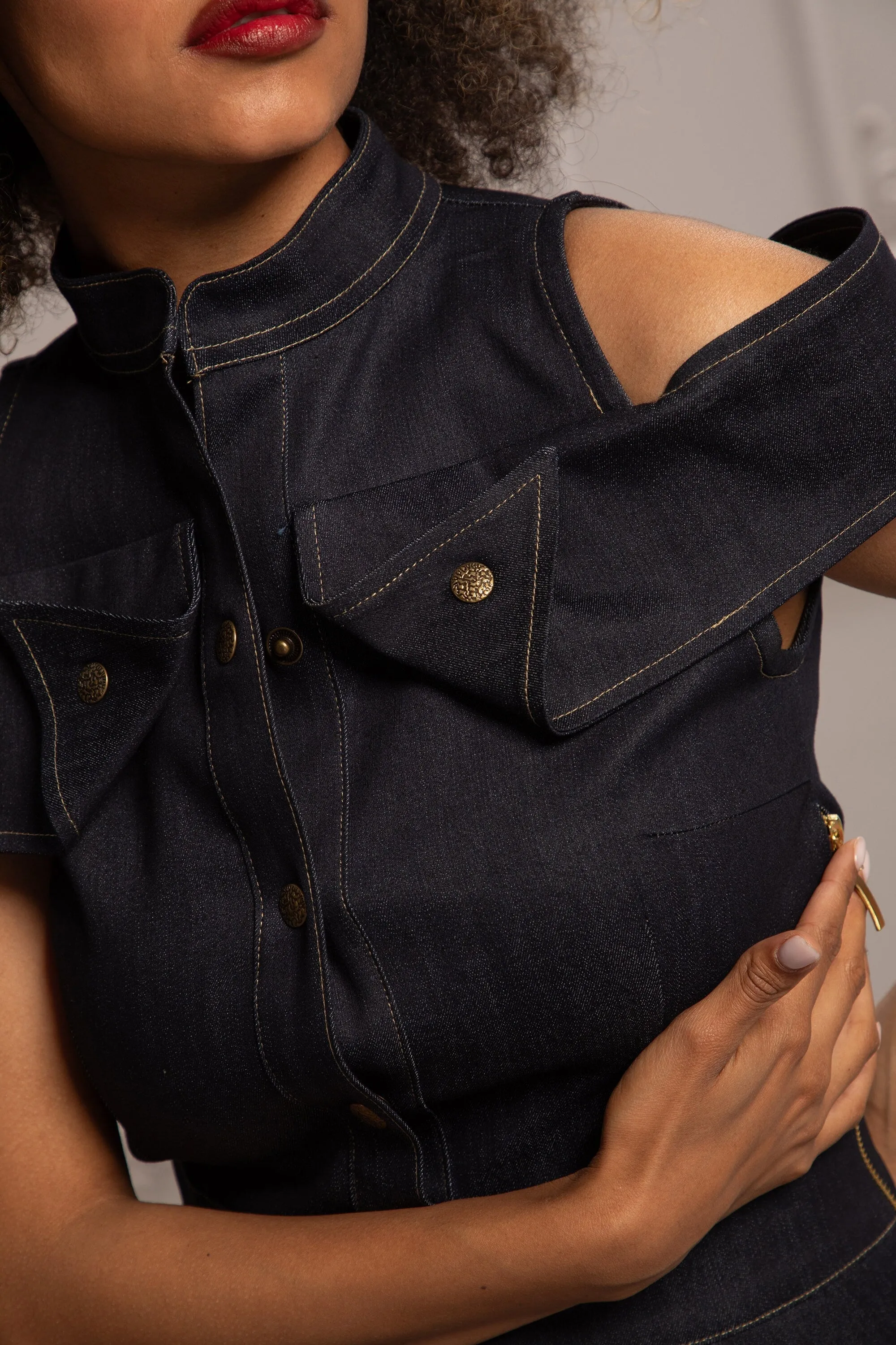 OPEN SHOULDERS DENIM DRESS
