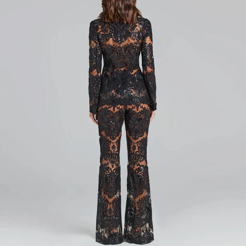 Ornate Floral Embroidered Bootcut Sheer Mesh Sequined Blazer Matching Set