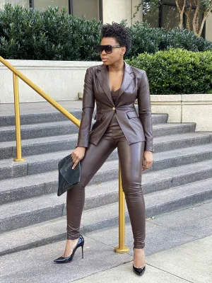 Oyemwen Vegan Leather Brown Blazer with Gold Buttons