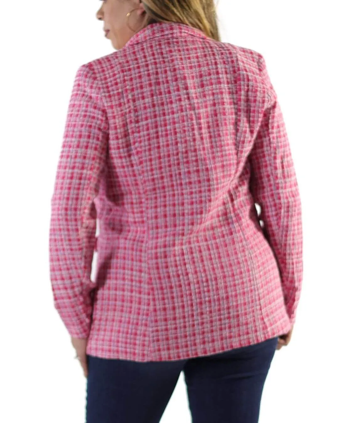 Paula’s Fuchsia/Pink Women’s Plaid Tweed Double Breasted Blazer with Pockets