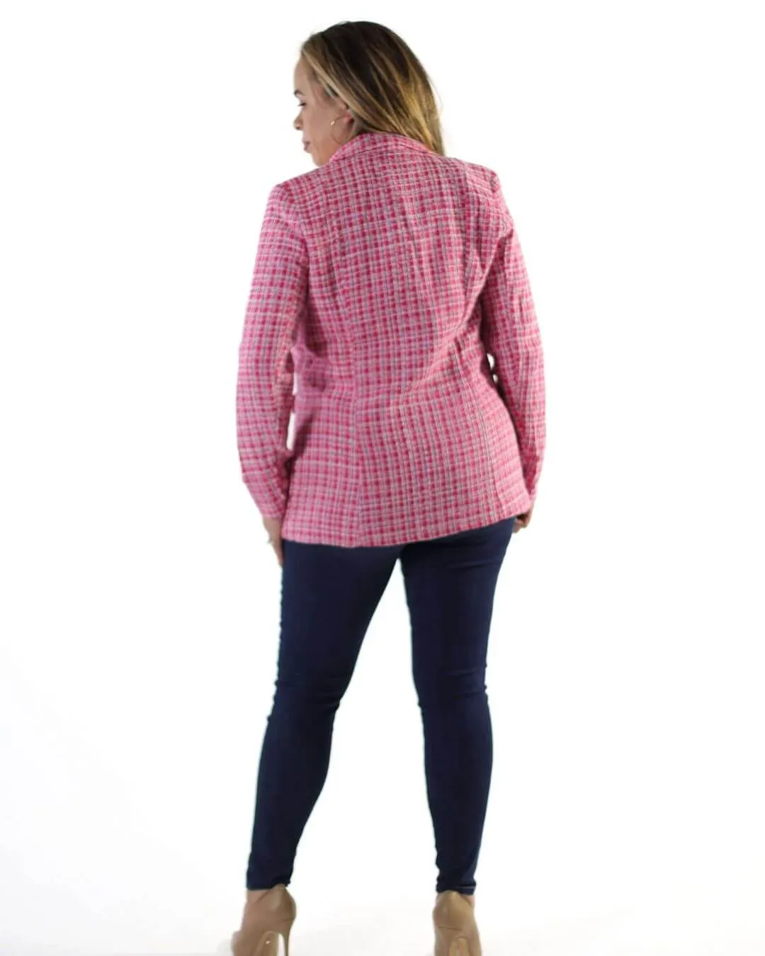 Paula’s Fuchsia/Pink Women’s Plaid Tweed Double Breasted Blazer with Pockets