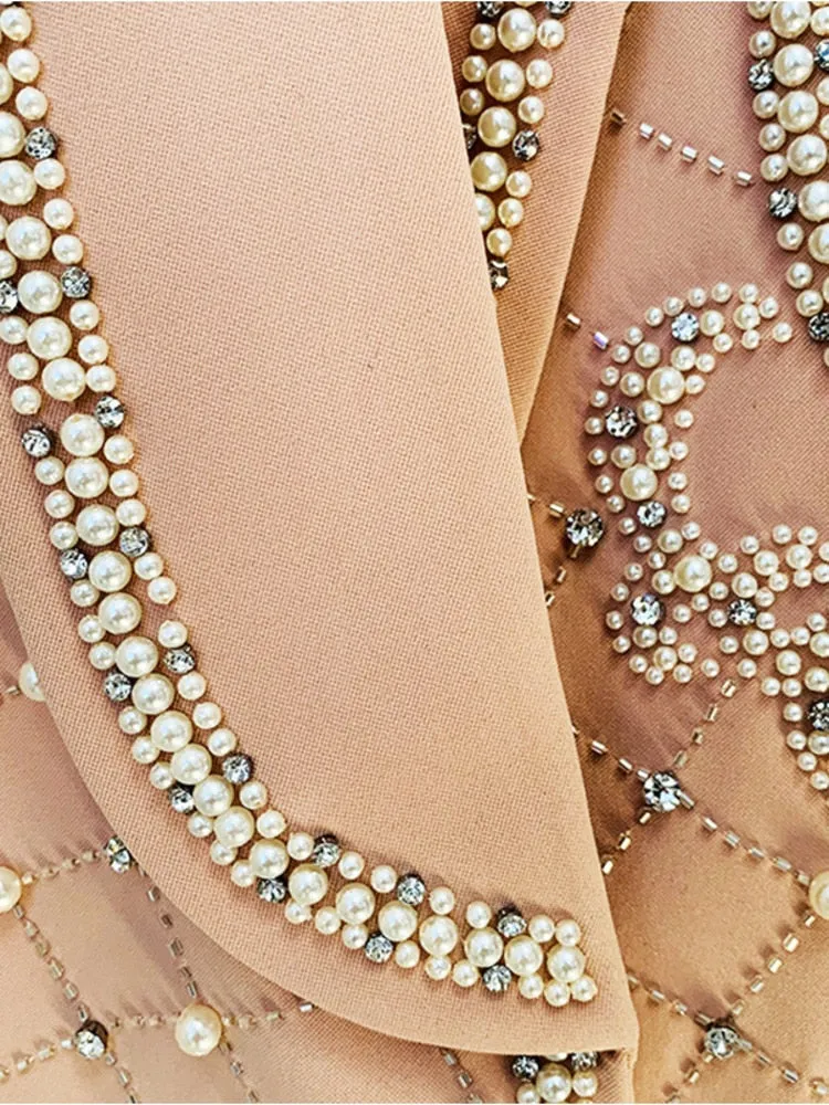 Pearl Beaded Shawl Collar Hidden Breasted Long Sleeve Blazer