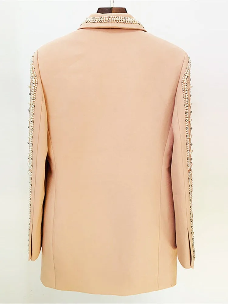 Pearl Beaded Shawl Collar Hidden Breasted Long Sleeve Blazer