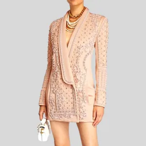 Pearl Beaded Shawl Collar Hidden Breasted Long Sleeve Blazer