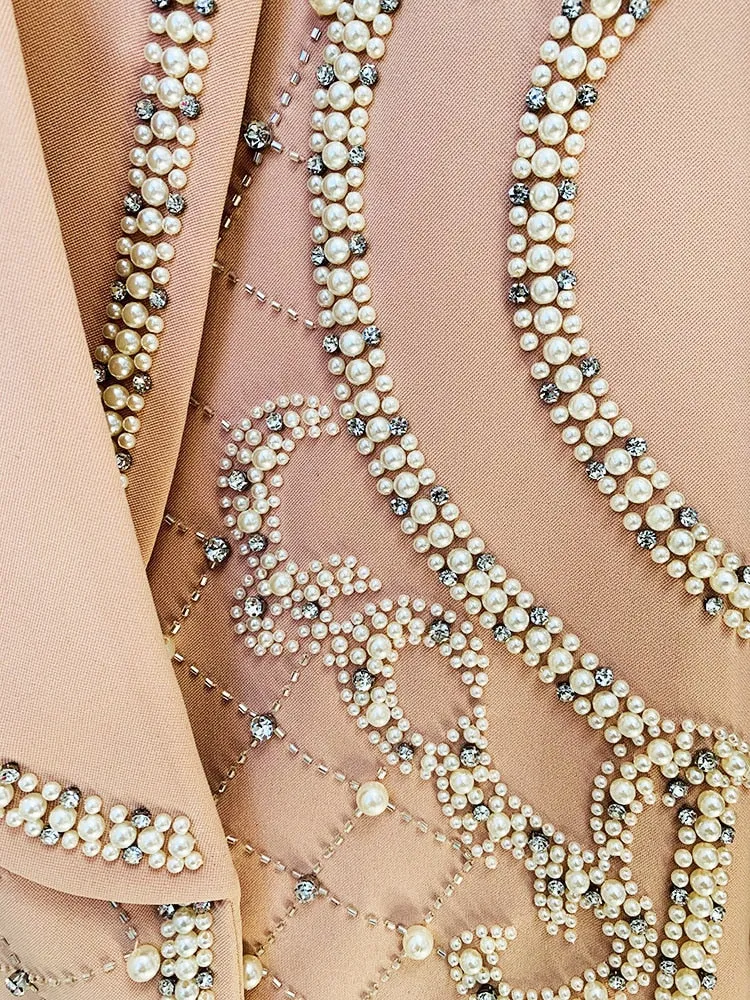 Pearl Beaded Shawl Collar Hidden Breasted Long Sleeve Blazer