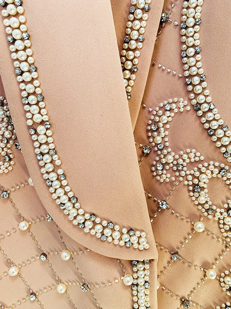 Pearl Beaded Shawl Collar Hidden Breasted Long Sleeve Blazer