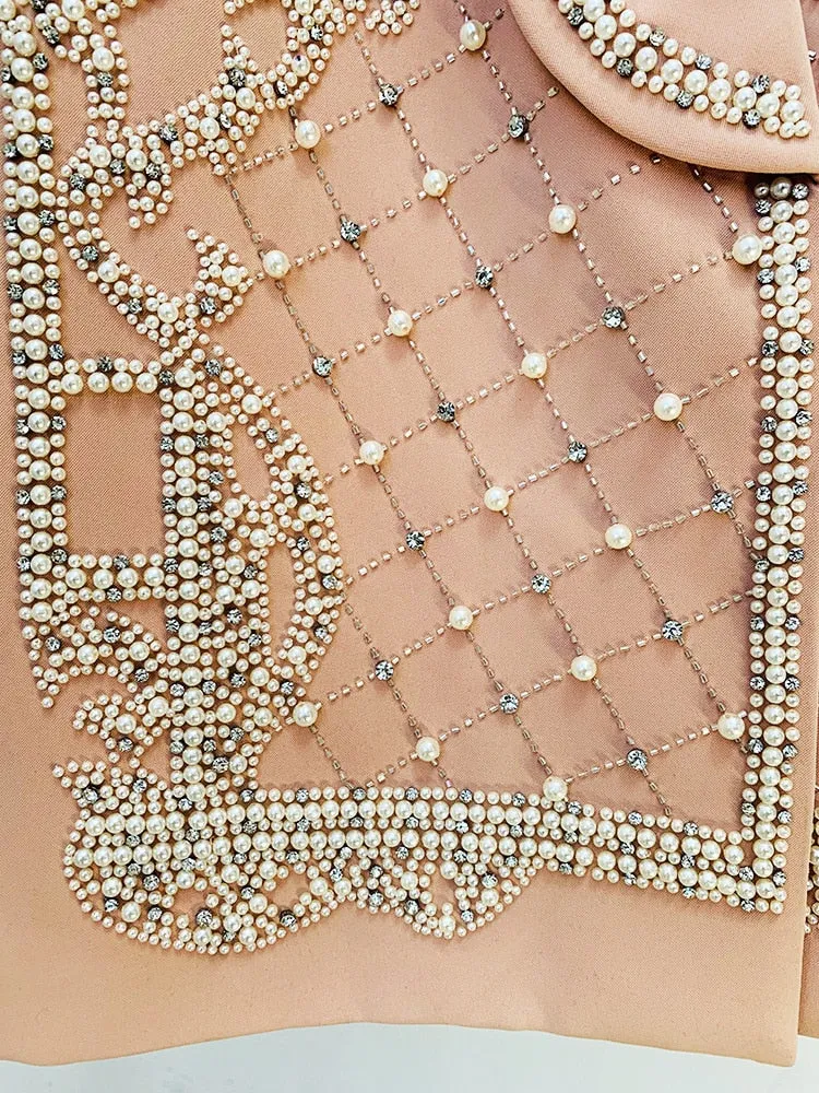 Pearl Beaded Shawl Collar Hidden Breasted Long Sleeve Blazer