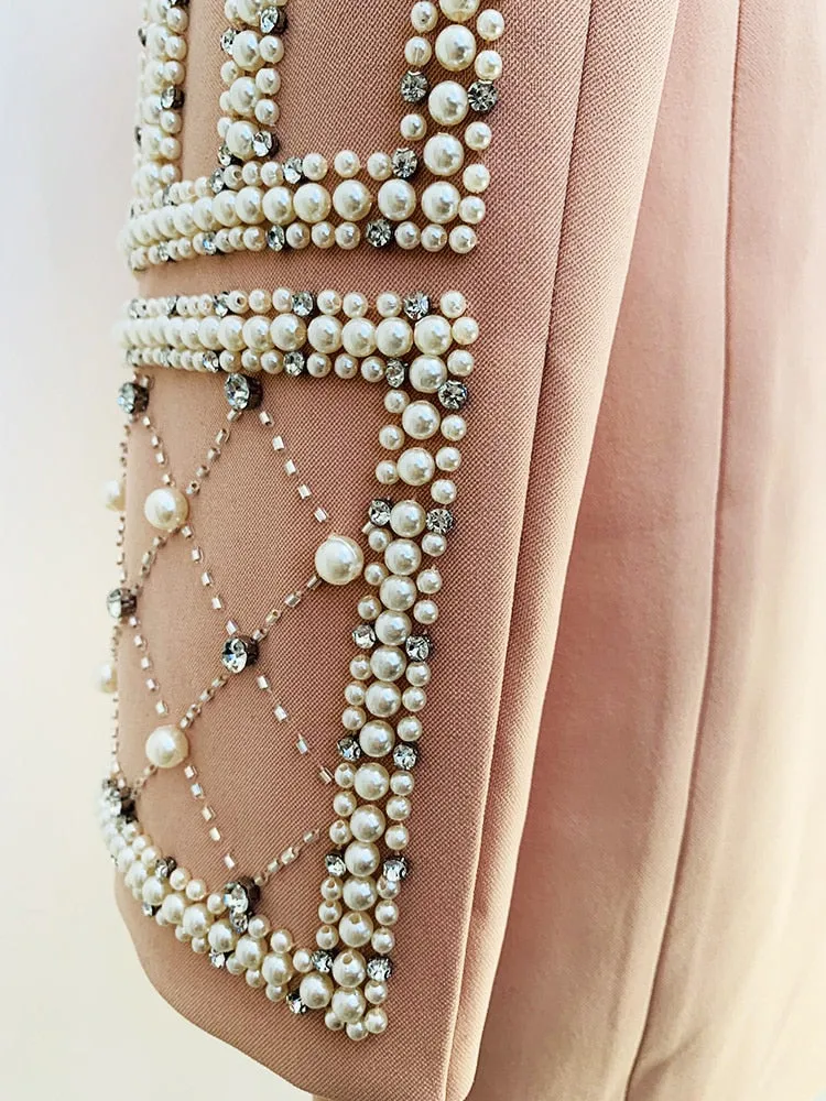 Pearl Beaded Shawl Collar Hidden Breasted Long Sleeve Blazer