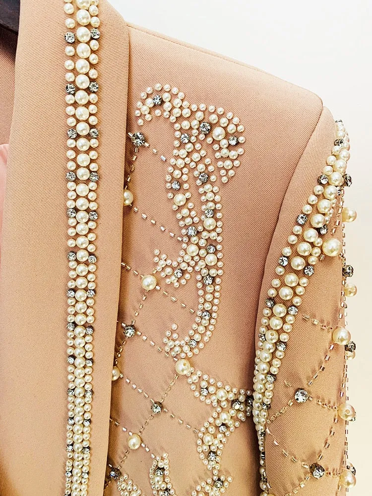 Pearl Beaded Shawl Collar Hidden Breasted Long Sleeve Blazer
