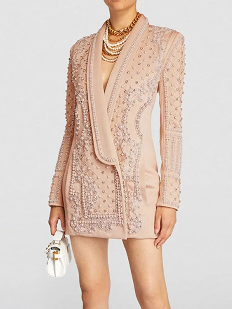 Pearl Beaded Shawl Collar Hidden Breasted Long Sleeve Blazer