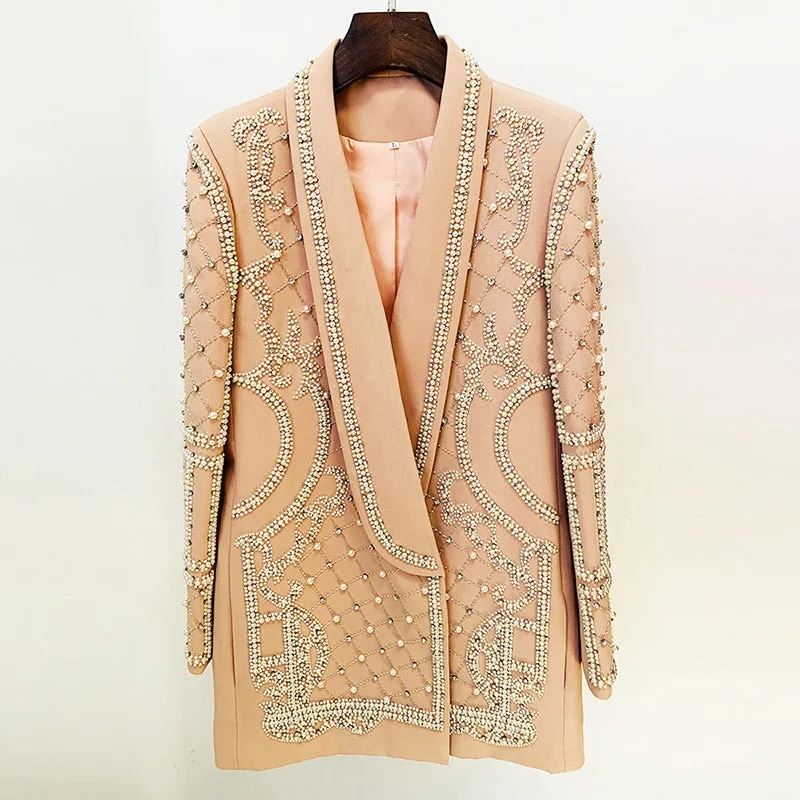 Pearl Beaded Shawl Collar Hidden Breasted Long Sleeve Blazer